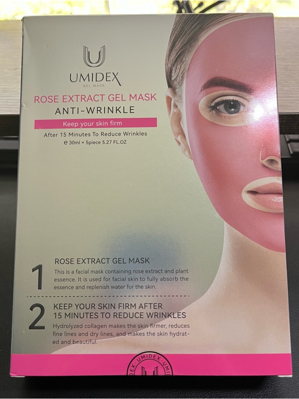 Umidex Rose Extract Gel Mask - Pink Anti-Wrinkle Facial Mask - Box of 5.
